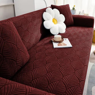 lukzer Jacquard Abstract 1 Seater Sofa Cover(1 Seater Pastel Deep Maroon Leaf Trail) SC-130-01 Pack of 1)