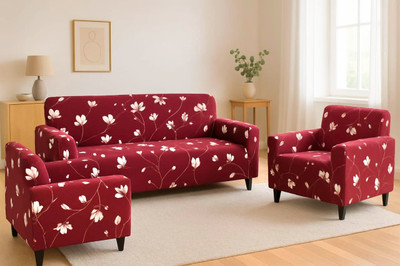 igi Polyester 3+1+1 Seater Sofa Floral Cover(Pack of 3 WINE, MAROON)
