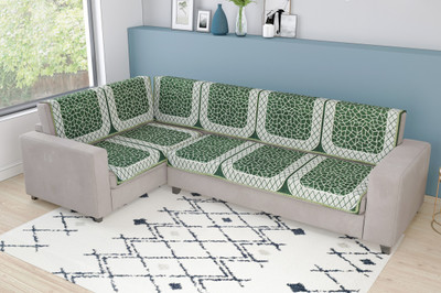 Nendle Velvet Abstract 3+3 Seater L-Shape Sofa Cover(Green Pack of 6)