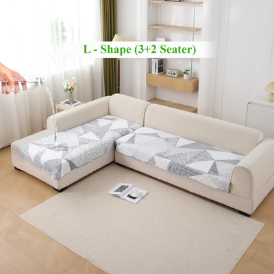 HOKiPO Polyester Geometric 3+2 Seater L-Shape Sofa Cover(Snow White Black Geometry Pack of 1)