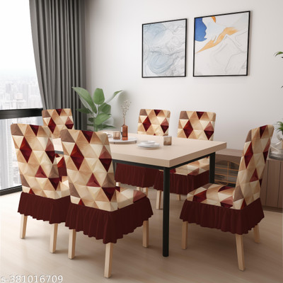 DECORIAN Polycotton Abstract 6 Seater Chair Cover(Brown Triangle New Pack of 6)