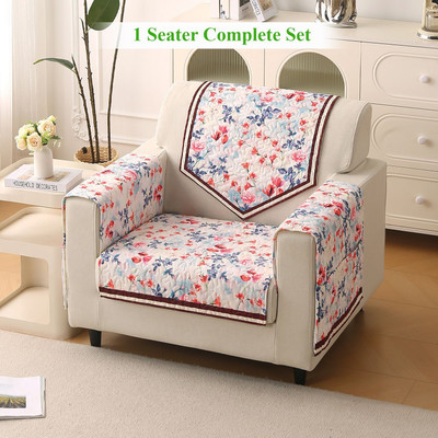 HOKiPO Velvet 1 Seater Sofa Floral Cover(Pack of 4 Scarlet Rose Ivory)