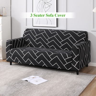 HOKiPO Polyester Abstract 3 Seater Sofa Cover(Black Pack of 1)