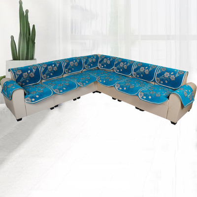GOLDENIZ Velvet Floral 3+1+1 Seater Sofa Cover(Blue Pack of 7)