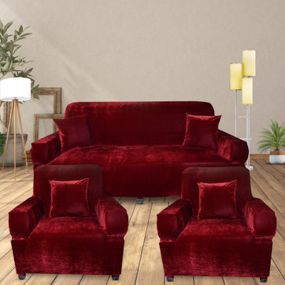 SK Fashion Velvet 3+1+1 Seater Sofa Plain Cover(Pack of 3 Maroon)