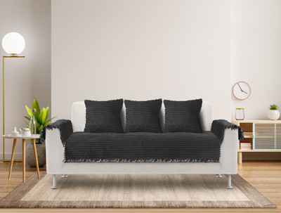 Saral Home Polyester Striped 3+2 Seater Sofa Cover(Dark Grey Pack of 6)
