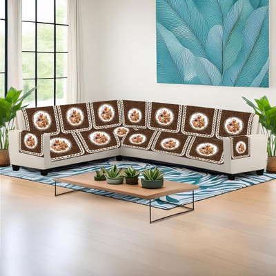 Shailya Velvet Floral 3+3 Seater L-Shape Sofa Cover(Brown Pack of 1)