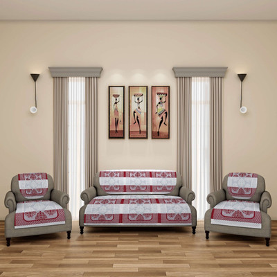 ROMEE Polyester Damask 3+2 Seater Sofa Cover(Maroon, Beige Pack of 6)