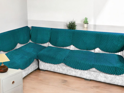 Bigger fish Velvet Checkered 3+3 Seater L-Shape Sofa Cover(Dark Green Pack of 14)
