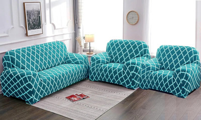 Gifts Island Polyester 3+1+1 Seater Sofa Geometric Cover(Pack of 3 Teal Blue Diamond)