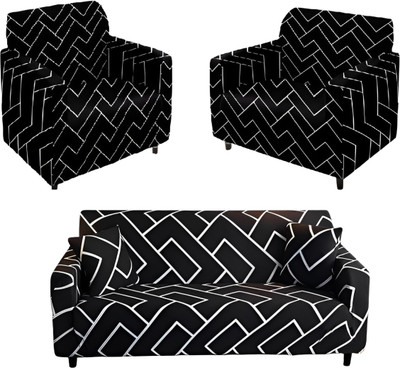 KriShyam Polyester Geometric 3+1+1 Seater Sofa Cover(Black With White Line Pack of 1)