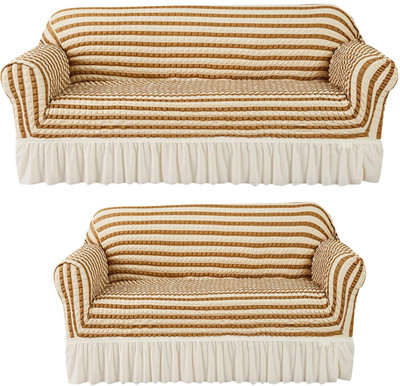 HOUSE OF QUIRK Polyester Striped 3+2 Seater Sofa Cover(Cream Pack of 2)