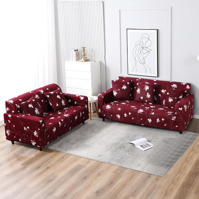 HOKiPO Polyester 3+2 Seater Sofa Floral Cover(Pack of 2 Wine Red Flowers)