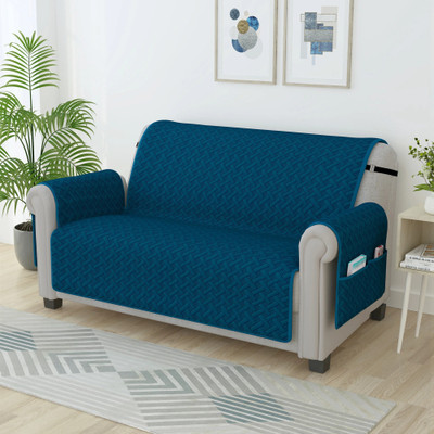 Story@home Synthetic Geometric 2 Seater Sofa Cover(Navy Blue Pack of 1)