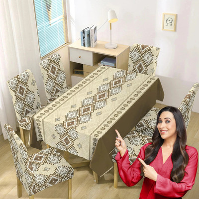 HOKiPO Polyester 6 Seater Chair Abstract Cover(Pack of 7 Moss Brown)