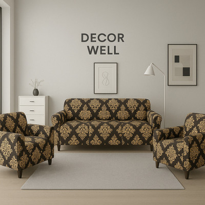 Decowell Polyester Damask 3+1+1 Seater Sofa Cover(Black Pack of 3)