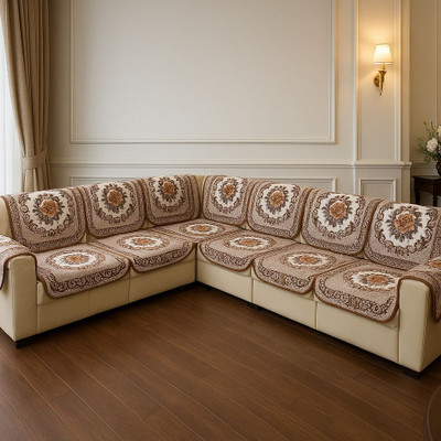 A.P HANDLOOM Velvet 3+2 Seater L-Shape Sofa Floral Cover(Pack of 7 Cream)