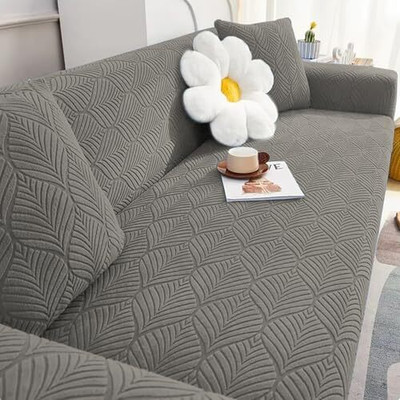 lukzer Jacquard 4 Seater Sofa Abstract Cover(Pack of 1 Pastel Grey Leaf Trail)
