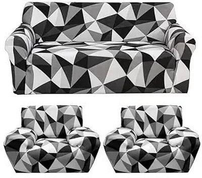 tansh Polyester 3+1+1 Seater Sofa Geometric Cover(Pack of 3 Black, White)