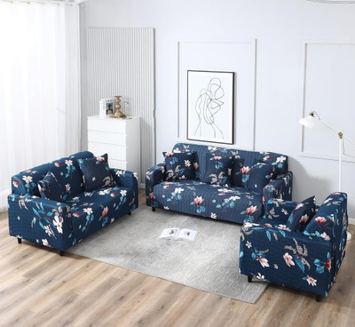 KriShyam Polyester 3+1+1 Seater Sofa Floral Cover(Pack of 1 Stylish 5 Seater Sofa Cover | Stretchable Slipcover Set (Blue Flower, 3+1+1))