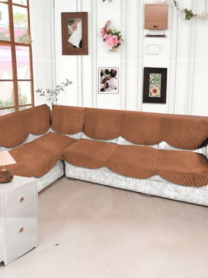 Bigger fish Velvet Checkered 3+3 Seater L-Shape Sofa Cover(Gold & Brown Pack of 14)
