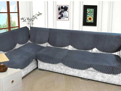 salajya anchla Velvet Checkered 3+3 Seater L-Shape Sofa Cover(grey Pack of 1)