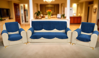 Home Stylish Velvet 3+1+1 Seater Sofa Geometric Cover(Pack of 12 Blue)