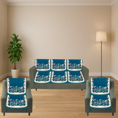 Shailya Velvet 3+1+1 Seater Sofa Floral Cover(Pack of 1 Blue)