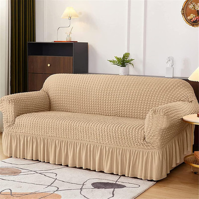 lukzer Polyester Checkered 3 Seater Sofa Cover(Sand Beige Pack of 1)