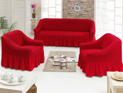Akaas Polyester Checkered 3+1+1 Seater Sofa Cover(Red Pack of 3)
