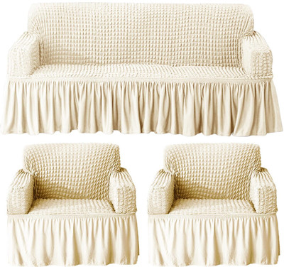 HOKiPO Polyester Plain 3+1+1 Seater Sofa Cover(5 Seater Fully Covered, Cream Pack of 3)