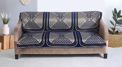 Nendle Jacquard 3 Seater Sofa Floral Cover(Pack of 2 Navy)