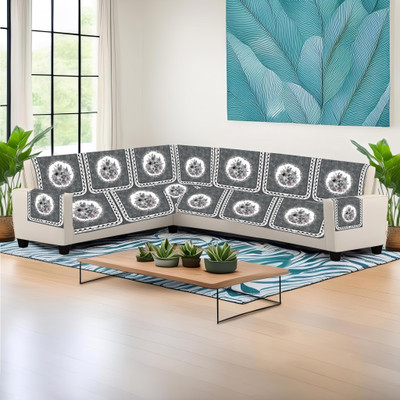 Shailya Velvet Floral 3+3 Seater L-Shape Sofa Cover(Grey Pack of 1)