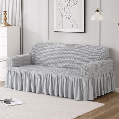 HOME BEAUTIFIER Polyester Striped 3 Seater Sofa Cover(Bubble Grey Pack of 1)