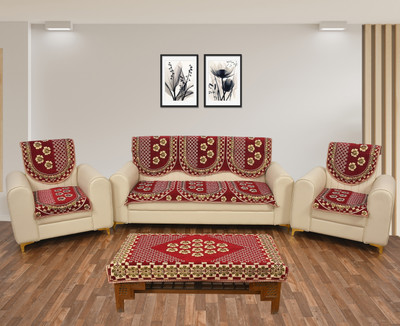Pinkleaf Polycotton Abstract 3+1+1 Seater Sofa Cover(Maroon Pack of 7)