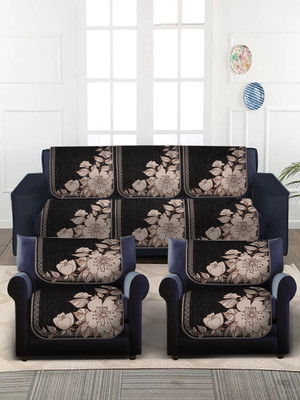 Multitex Jacquard 3+2 Seater Sofa Floral Cover(Pack of 6 Black)