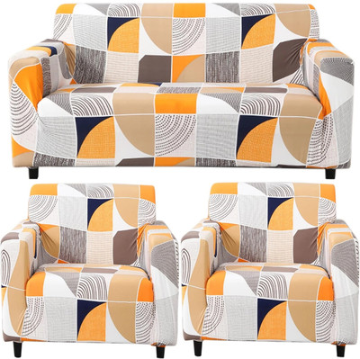 HOKiPO Polyester Abstract 3+1+1 Seater Sofa Cover(5 Seater Fully Covered, Square Abstract Pack of 3)