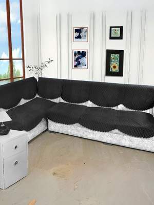 WiseHome Velvet Checkered 3+3 Seater L-Shape Sofa Cover(Black Pack of 14)