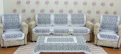 EASTTARDOMM Cotton 3+1+1 Seater Sofa Floral Cover(Pack of 7 Grey)