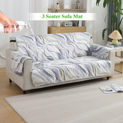 HOKiPO Polyester Abstract 3 Seater Sofa Cover(Sofa Mat for 3 Seater with Pockets on Armrest Cover, Curved Lines Pearl White Pack of 1)