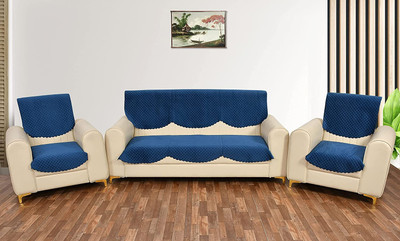 Fashion Throw Velvet 3+2 Seater Sofa Geometric Cover(Pack of 6 Blue)