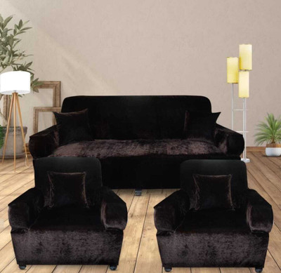 SIYA TEXTILES Velvet Plain 3+1+1 Seater Sofa Cover(Brown Pack of 1)