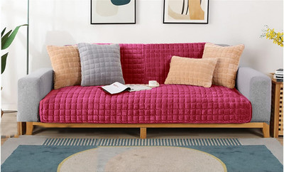 Stylista Velvet 3 Seater Sofa Checkered Cover(Pack of 1 Red)