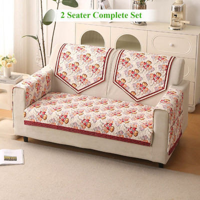 HOKiPO Velvet 2 Seater Sofa Floral Cover(Pack of 5 Autumn Cream)