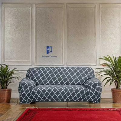 shringoori creations Polyester Checkered 3 Seater Sofa Cover(Grey Pack of 1)