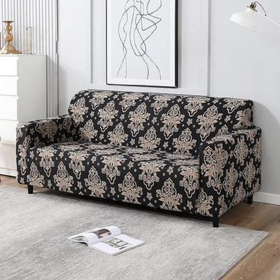 TURIYA Polyester, Polycotton Geometric 3 Seater Sofa Cover(Beige, Black Pack of 1)