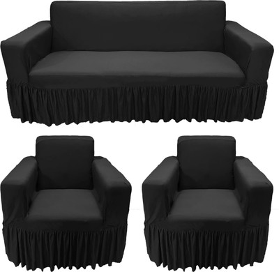 Gifts Island Polycotton Plain 3+1+1 Seater Sofa Cover(Black Plain Non-Slip Stretchable Elastic 360° Frill Sofa Cover (3+1+1 Seater)| Pack of 3)