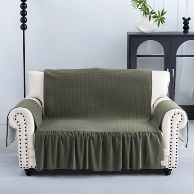 Heart Home Velvet Checkered 2 Seater Sofa Cover(Green Pack of 1)