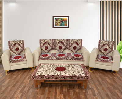 Pinkleaf Polycotton 3+1+1 Seater Sofa Floral Cover(Pack of 12 5 seater sofa cover with matching table cover and cushion cover,Maroon,)