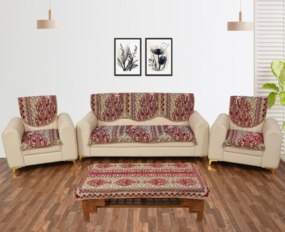 Pinkleaf Polycotton Abstract 3+1+1 Seater Sofa Cover(Maroon Pack of 7)